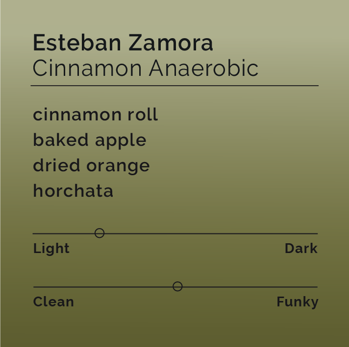 Coffee-tasting card for 'Esteban Zamora – Cinnamon Anaerobic' featuring flavor notes: cinnamon roll, baked apple, dried orange, horchata, with roast level and flavor profile sliders.
