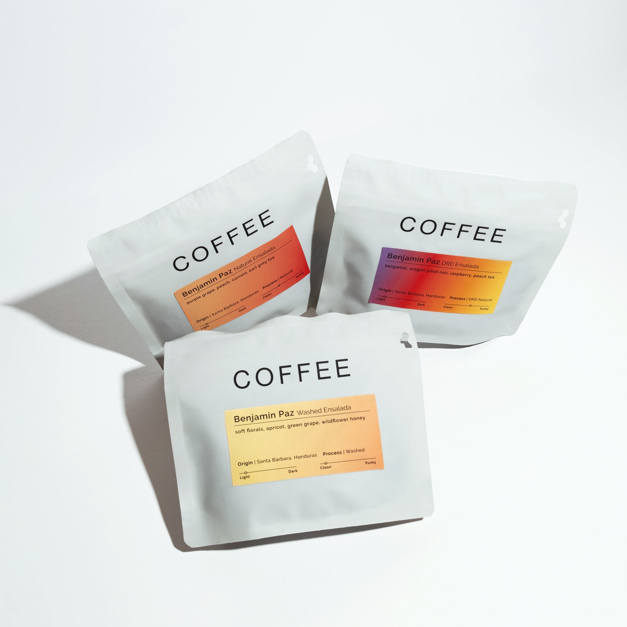 Three white pouches labeled COFFEE showcasing the Salad Set - Benjamin Paz, featuring three distinct coffee processing methods: Natural, DRD, and Washed.