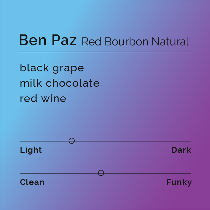 Benjamin Paz - Red Bourbon Natural coffee, highlighting its fermentation-forward process, smooth milk chocolate notes, and origin from La Leona, Santa Barbara, Honduras.