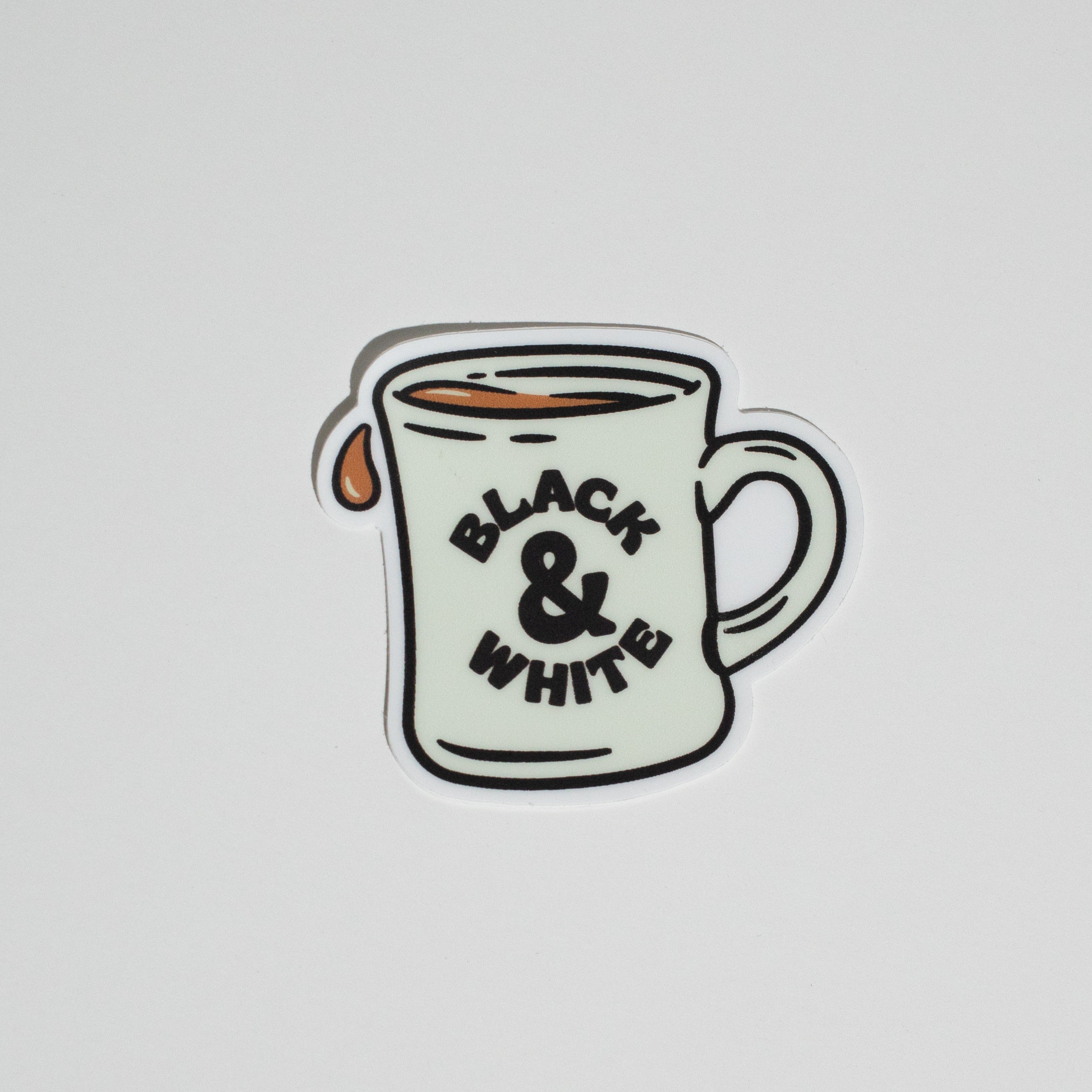 B&W Diner Mug Sticker by Sage Pizza, featuring a playful illustration, measures 1.5 inches square.