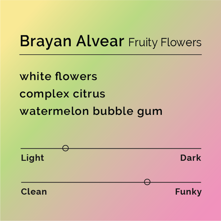 Brayan Alvear - Fruity Flowers tasting-note card featuring white flowers, complex citrus, and watermelon bubble gum, with light flavor and funky character scales.