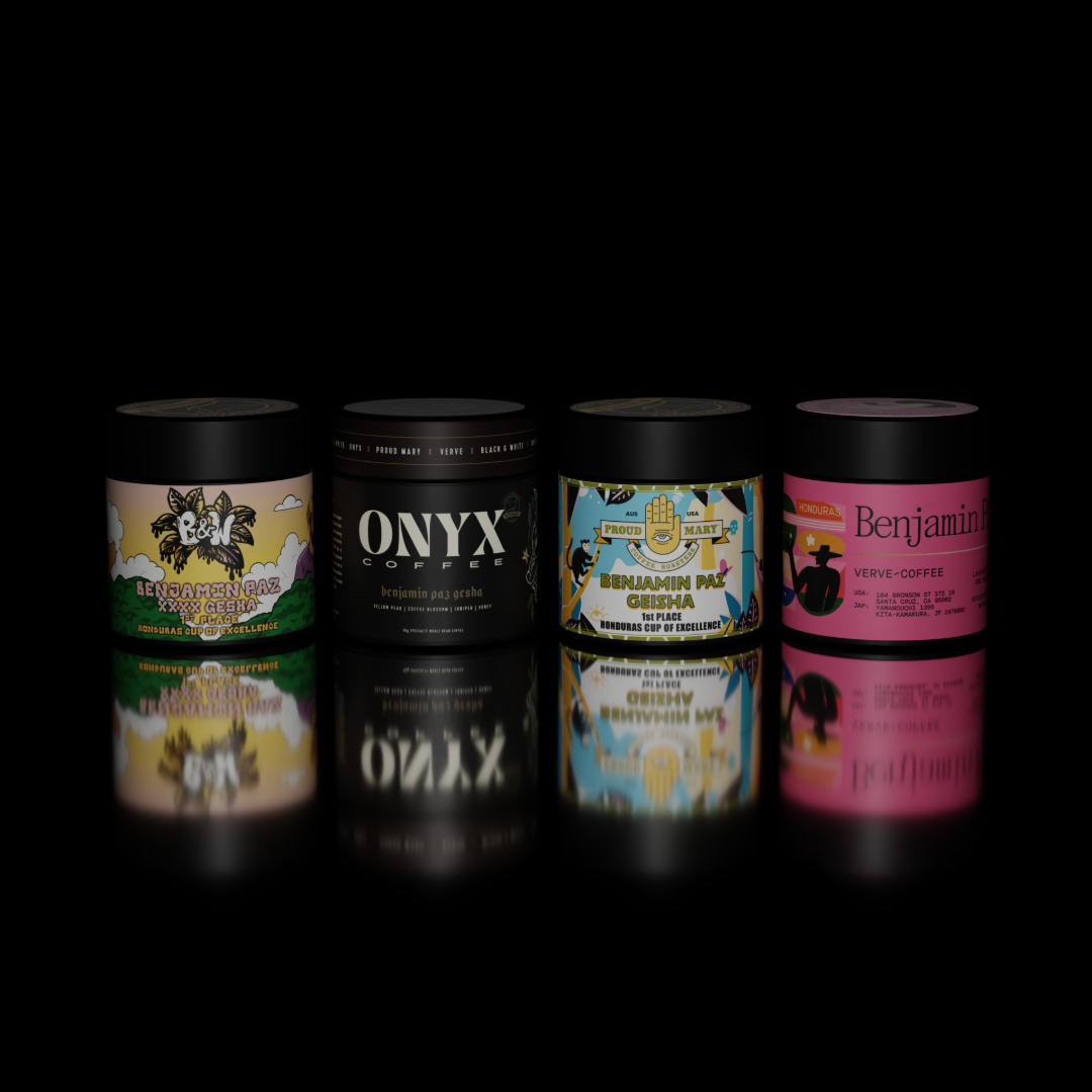 Benjamin Paz CoE #1 - Roasters Collab Box Set, featuring a sleek black can on a reflective surface, highlighting its exclusive coffee collaboration.