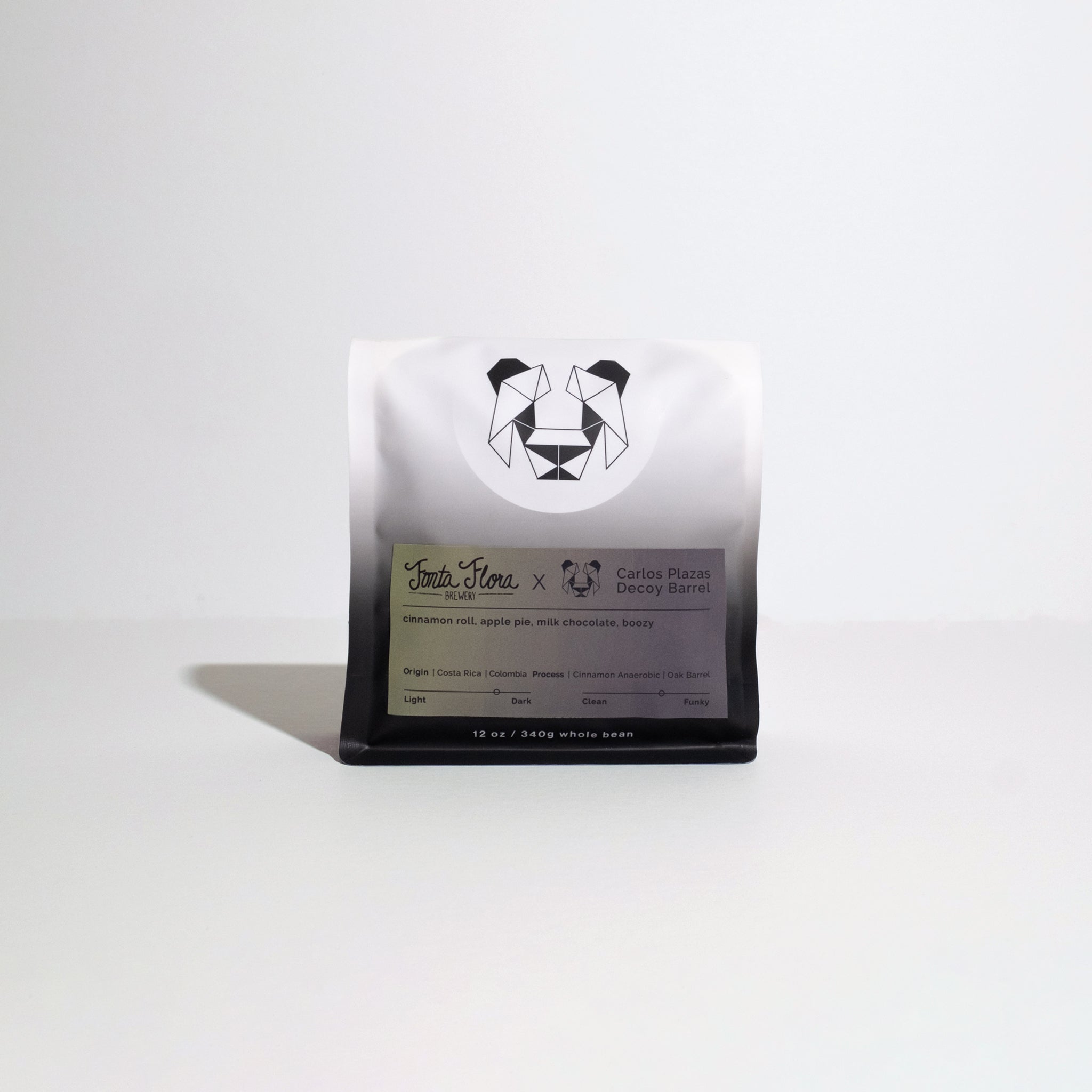 Carlos Plazas - Decoy Barrel coffee, featuring cinnamon-infused beans, oak barrel-aged, evoking bake shop aromas like cinnamon rolls and apple pie, packaged in distinct bags.