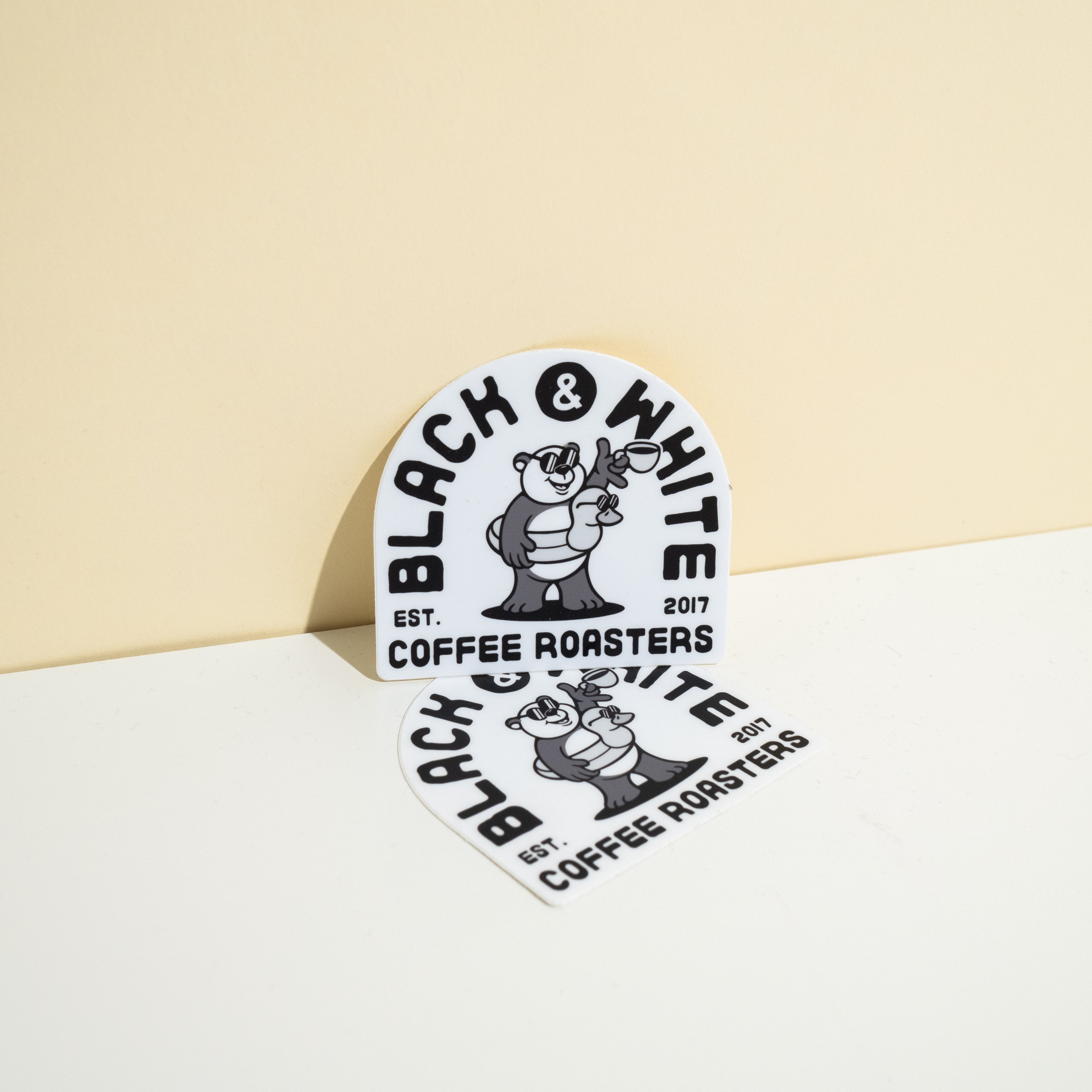 Summer Fun Panda Sticker designed by Bear Roach, ideal for decorating water bottles, laptops, or pools; measures 3 W x 2 3/4 H.