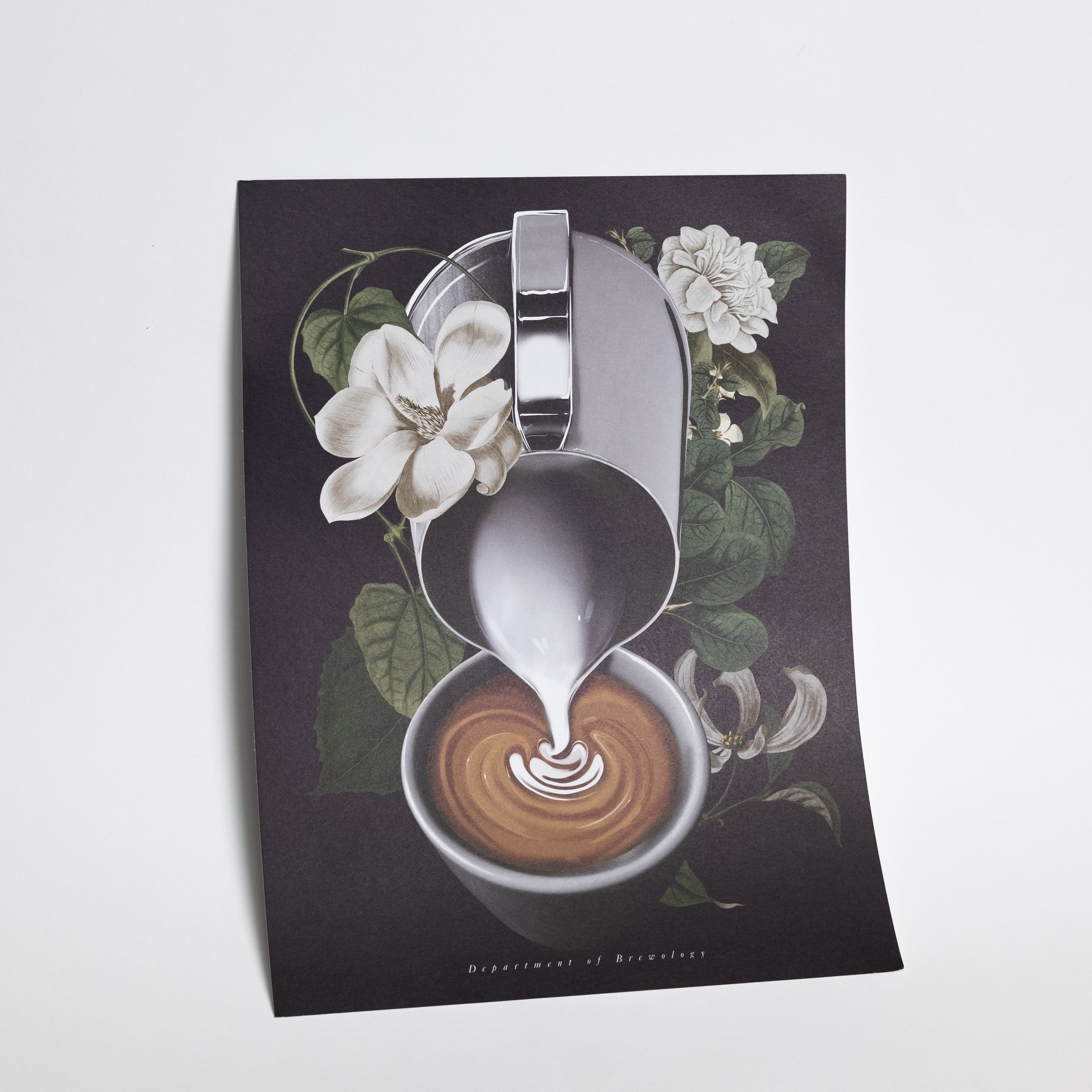 Department of Brewology Latte Pour Poster illustrating coffee's bouquet with a 12x9 offset print on 80LB uncoated matte stock.