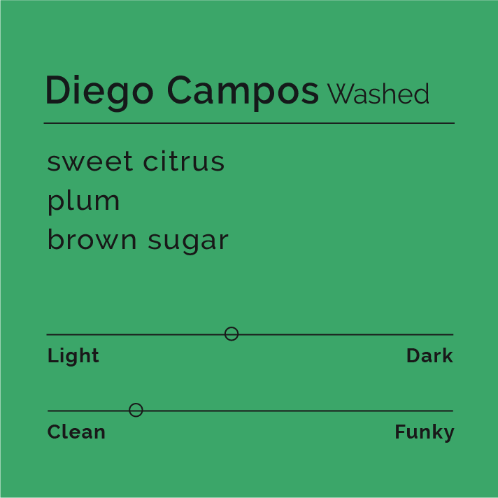 Diego Campos - Washed coffee package, highlighting Colombian origin and barista champion producer. Emphasizes sweet citrus, plums, and brown sugar notes for an approachable flavor.
