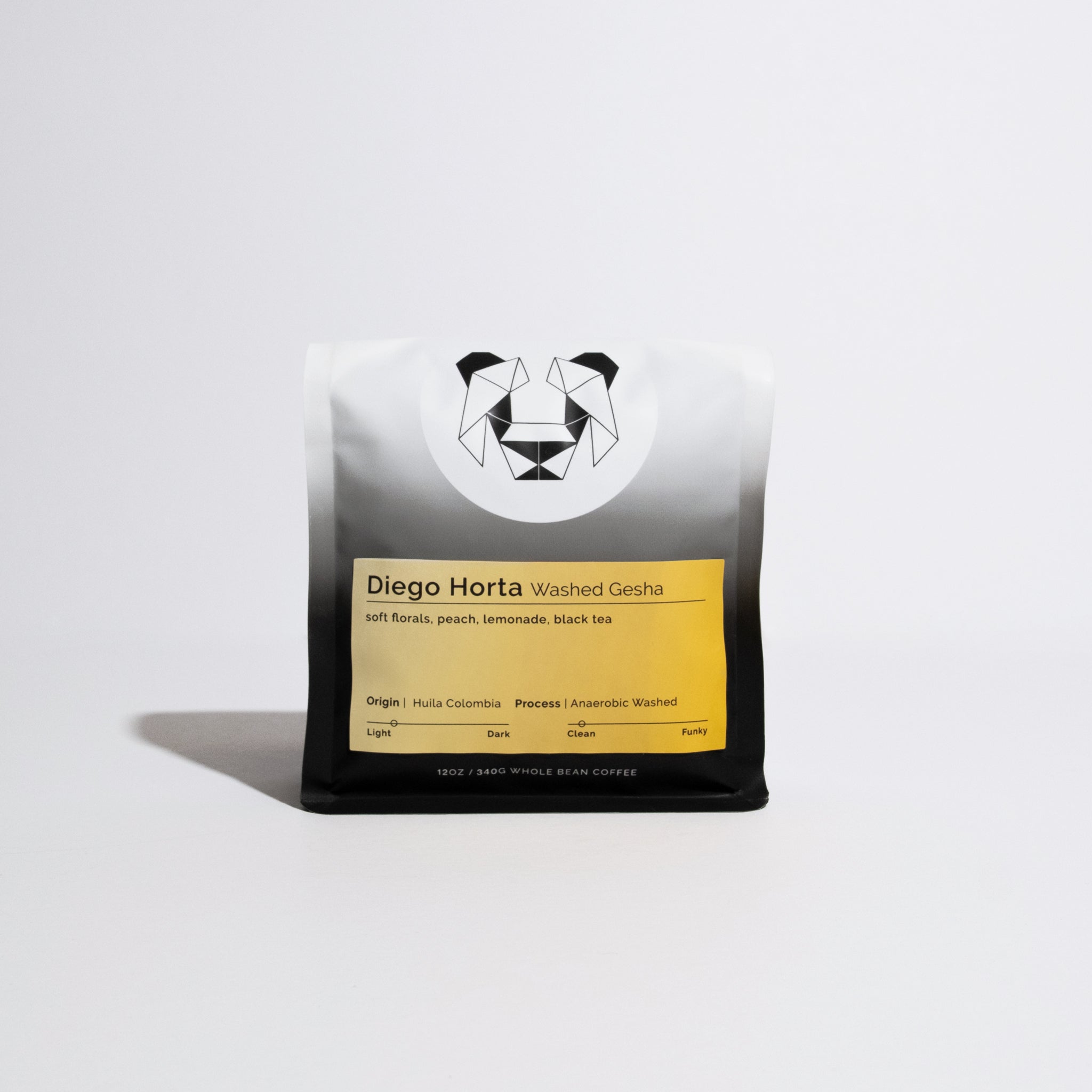 Diego Horta - Washed Gesha coffee bag, highlighting floral, peach, lemonade, black tea notes, Huila origin, anaerobic washed, 12 oz whole-bean roast.