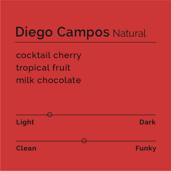 Diego Campos - Natural coffee beans, showcased in a rustic setting, highlight Diego's award-winning process and vibrant flavors reminiscent of sangria, tropical fruits, and chocolate.