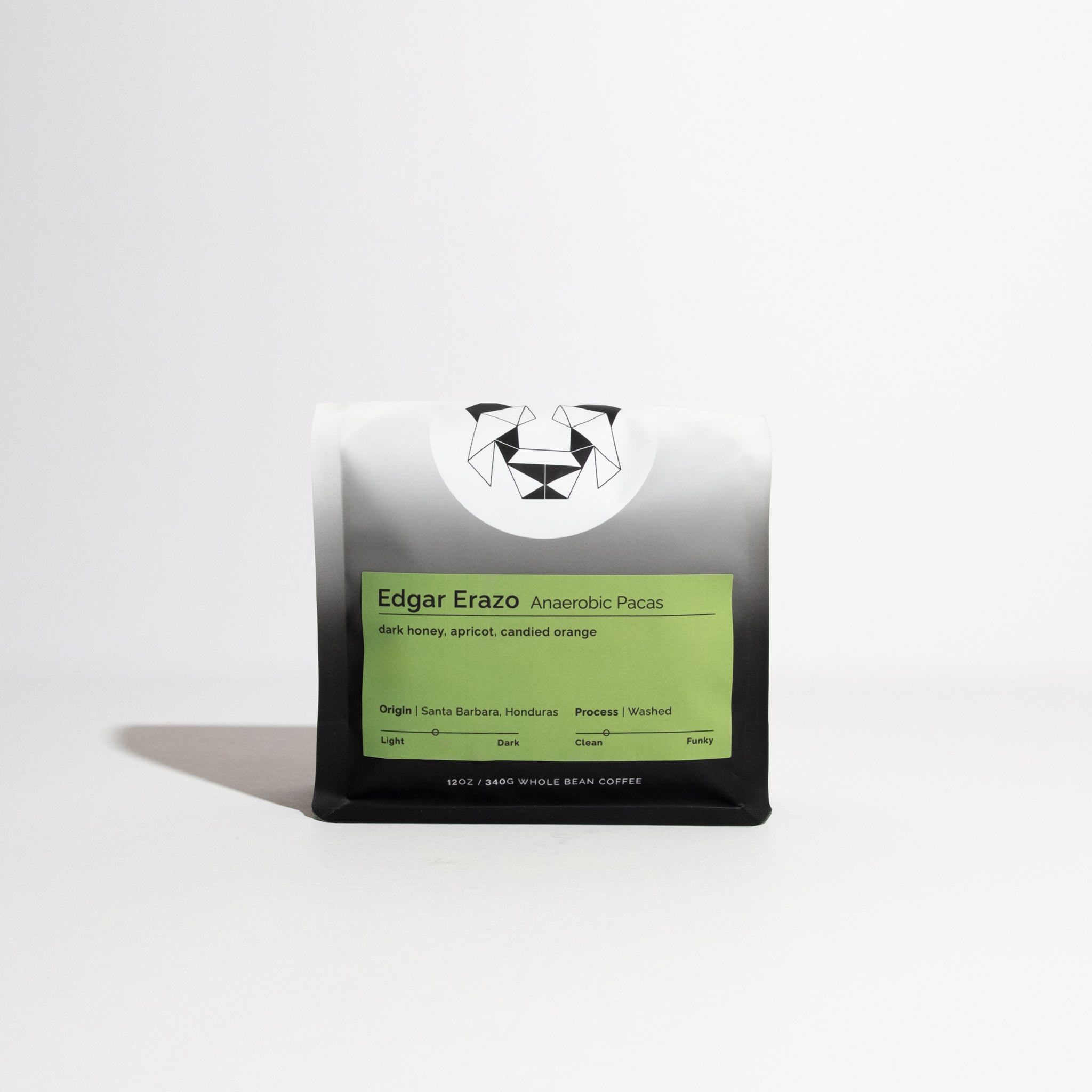 Package of whole-bean coffee labeled Edgar Erazo Anaerobic Pacas, featuring tasting notes of dark honey, apricot, and candied orange, from Santa Bárbara, Honduras.