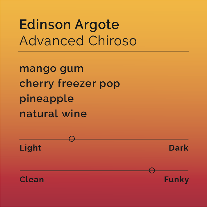 Edinson Argote - Advanced Chiroso flavor profile card with tasting notes: mango gum, cherry freezer pop, pineapple, natural wine. Light roast, funky style.