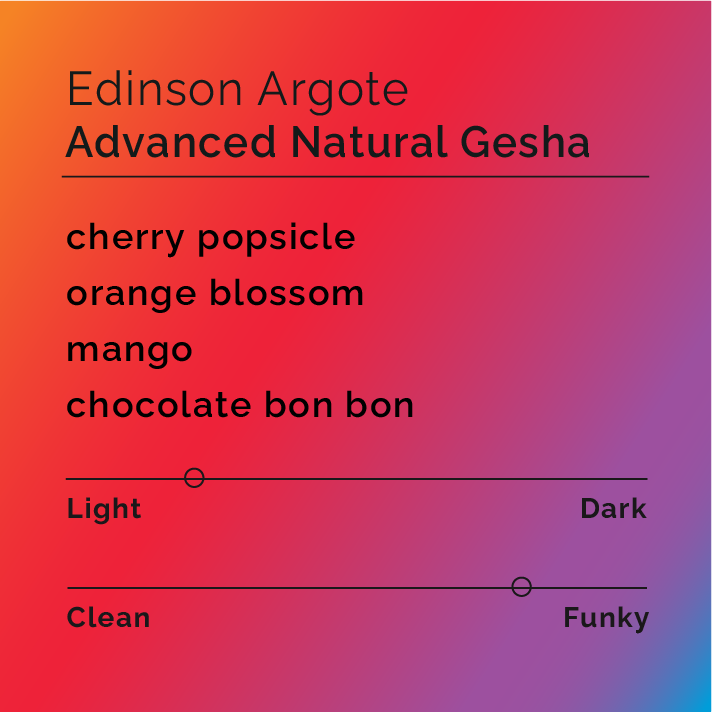 Edinson Argote - Advanced Natural Gesha tasting card shows cherry popsicle, orange blossom, mango, chocolate bon bon notes, light roast, and funky profile.