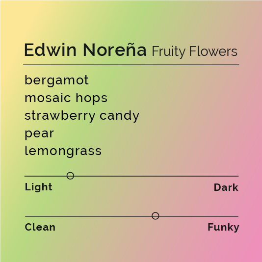 Edwin Noreña - Fruity Flowers coffee blend featuring expertly processed Red Bourbon and Pink Bourbon beans from Quindio, Colombia, highlighting fruited and floral flavor notes.
