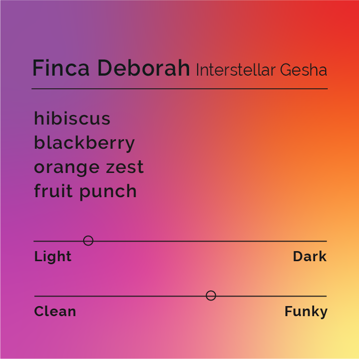 Finca Deborah Interstellar Gesha coffee card features flavor notes like hibiscus and blackberry, with light roast and slightly funky flavor sliders.