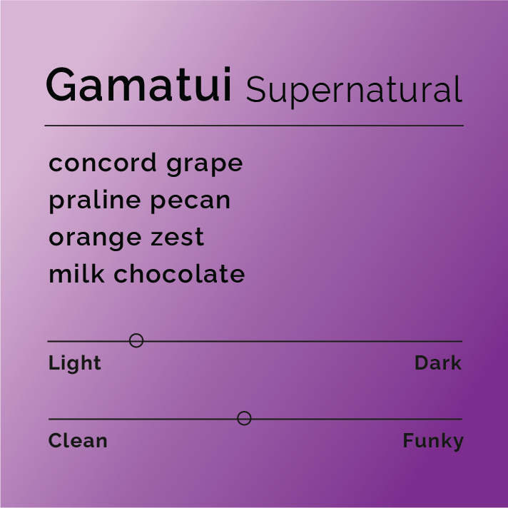 Product label for Gamatui Supernatural with flavor description, medium funk, and a lighter roast, on a color gradient background.