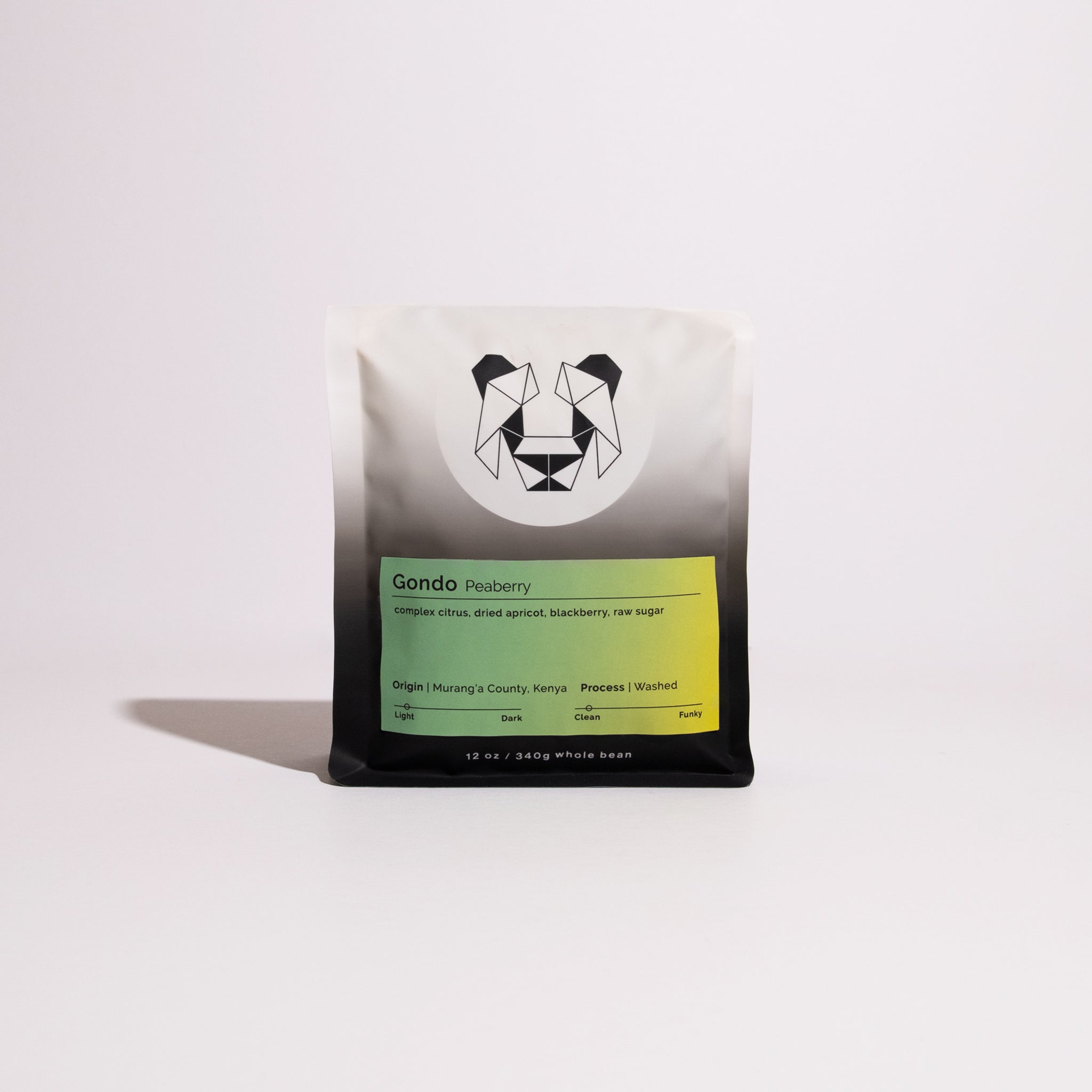 Gondo Peaberry coffee bag, 12 oz, features tasting notes of citrus and blackberry. Origin: Murang’a, Kenya. Washed process with a light roast profile.