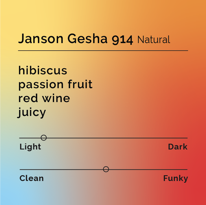Janson Natural Gesha - Lot 914 flavor card with tasting notes of hibiscus, passion fruit, red wine, juicy; light roast, clean-funky profile.