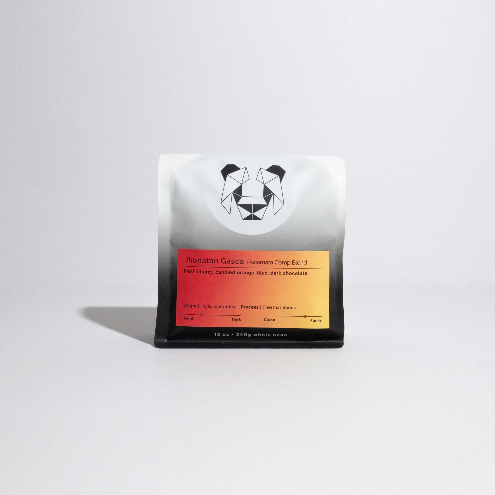 Jhonatan Gasca - Pacamara Comp Blend coffee bag, highlighting unique processing methods and flavor notes of red stone fruits, candied oranges, lilac, and dark chocolate.