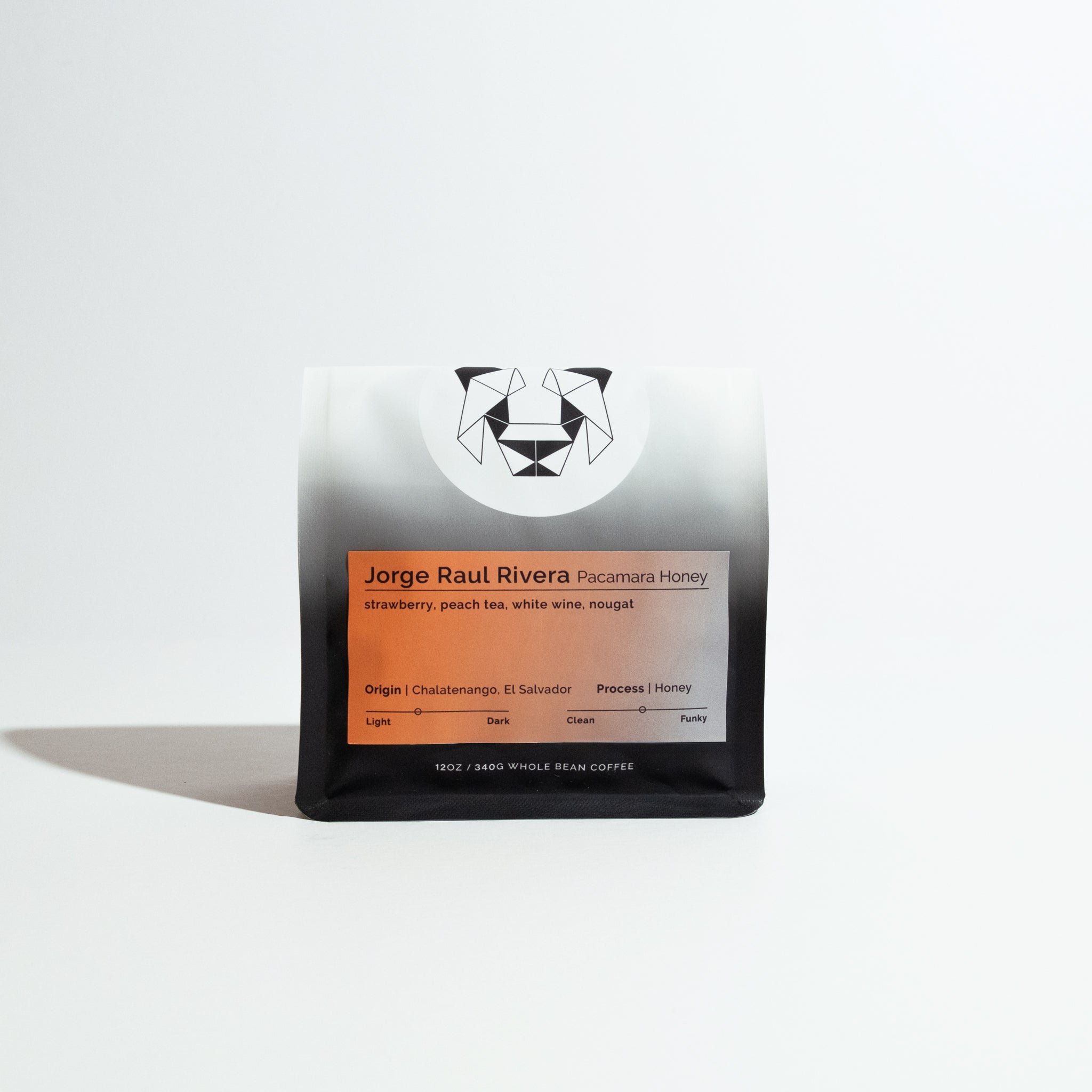 Coffee package with a label on a white background with the words Jorge Raul Rivera Pacamara Honey.