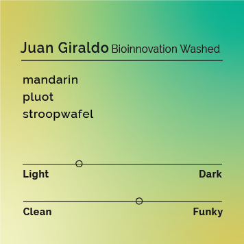 Juan Giraldo - Bioinnovation Washed coffee, featuring a unique fermentation process in clay pots, highlighting its confectionary sweetness and complex flavors from La Betulia farm, Colombia.