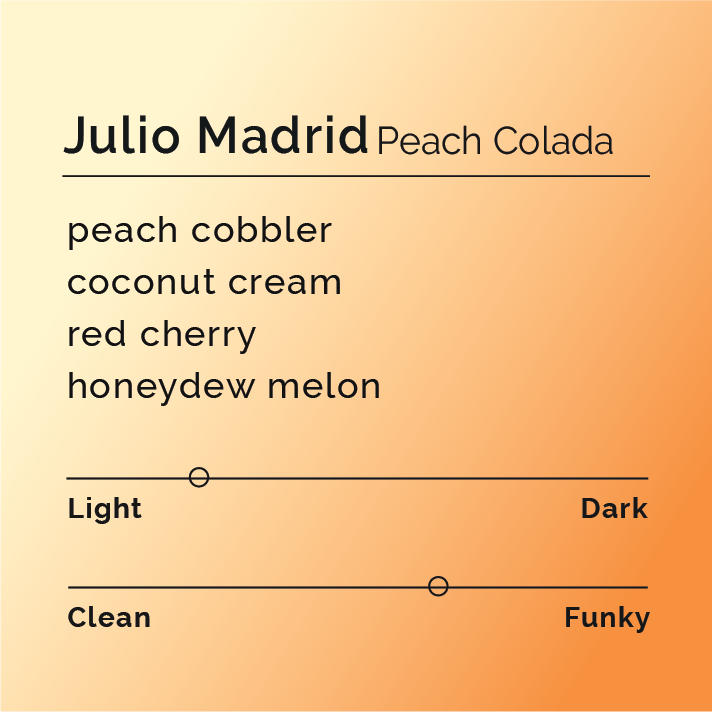 Julio Madrid - Peach Colada coffee blend, showcasing innovative processing with peach and coconut notes, inspired by tropical flavors and crafted meticulously by Julio Madrid and Andres Julio Quinceno.