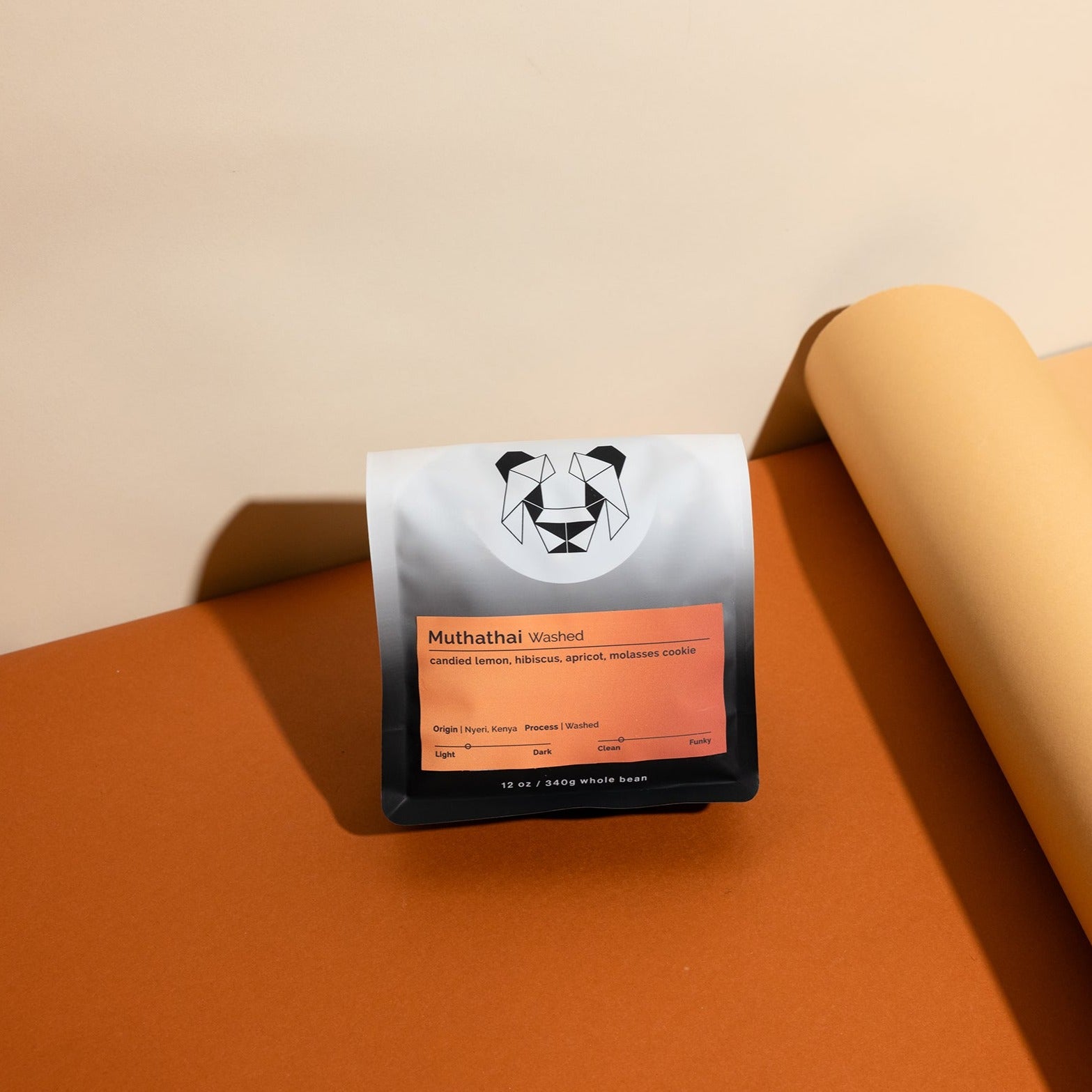 Muthathai - Washed coffee packaging from Embu, Kenya, highlighting Peter Mbature's collaboration with Kibugo smallholders. Contains SL28 variety, renowned for its floral and fruity flavor profile.