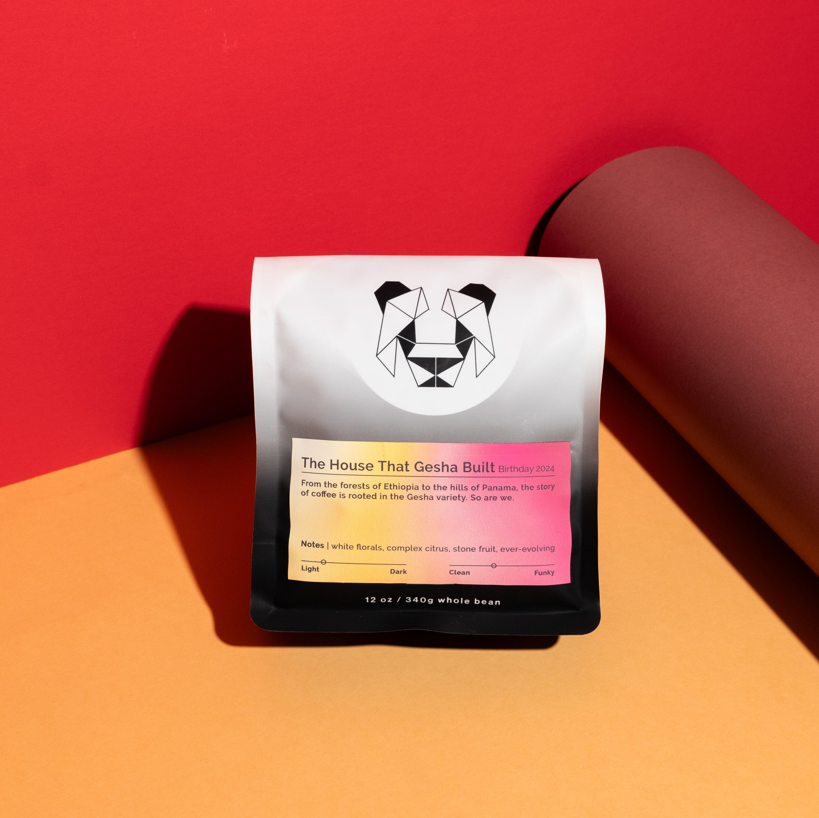 Gesha coffee blend packaging, titled The House That Gesha Built, celebrating the variety's rich history and excellence in a detailed narrative.
