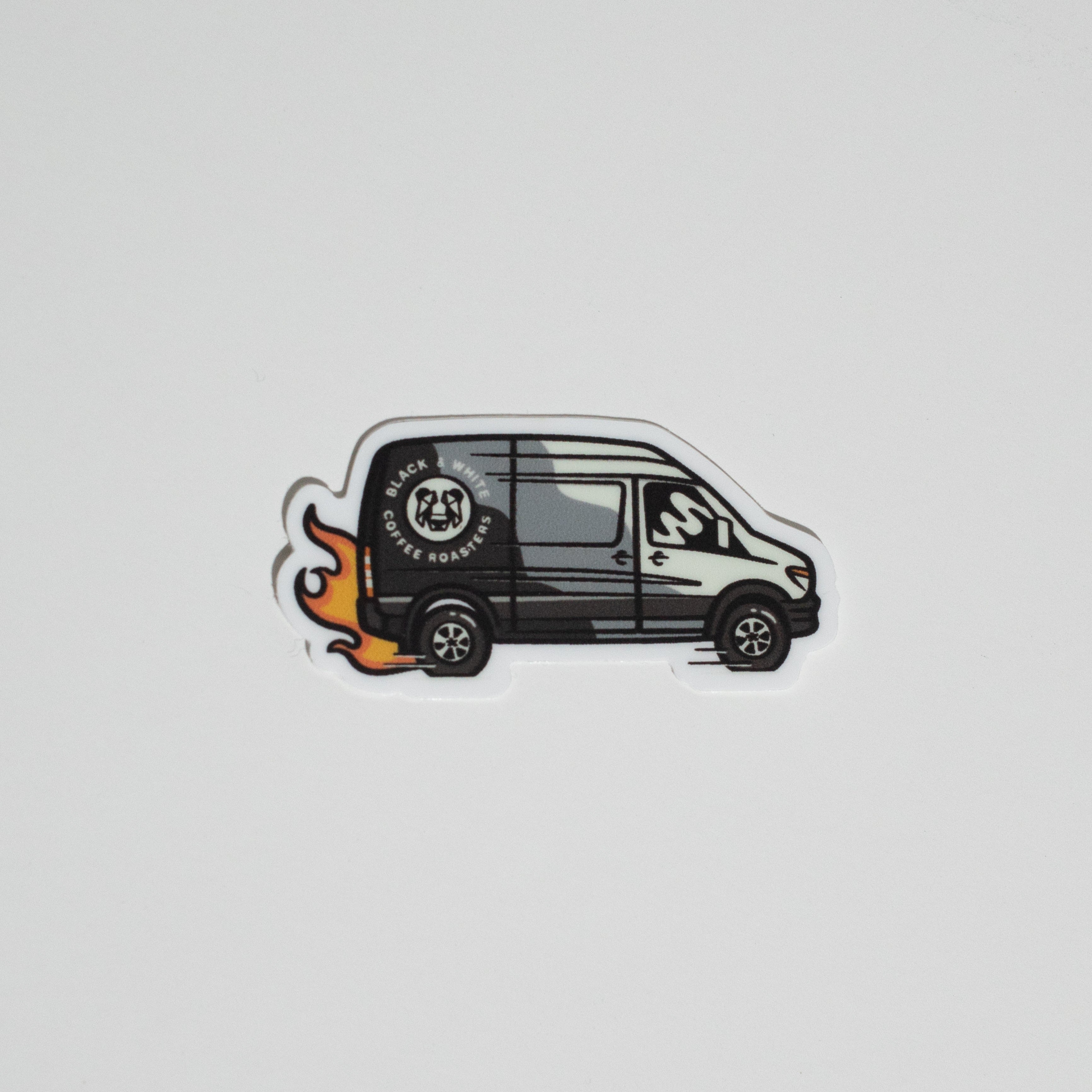 B&W Panda Van Sticker featuring Sage Pizza's signature Panda Van design, measuring 2 x 1.