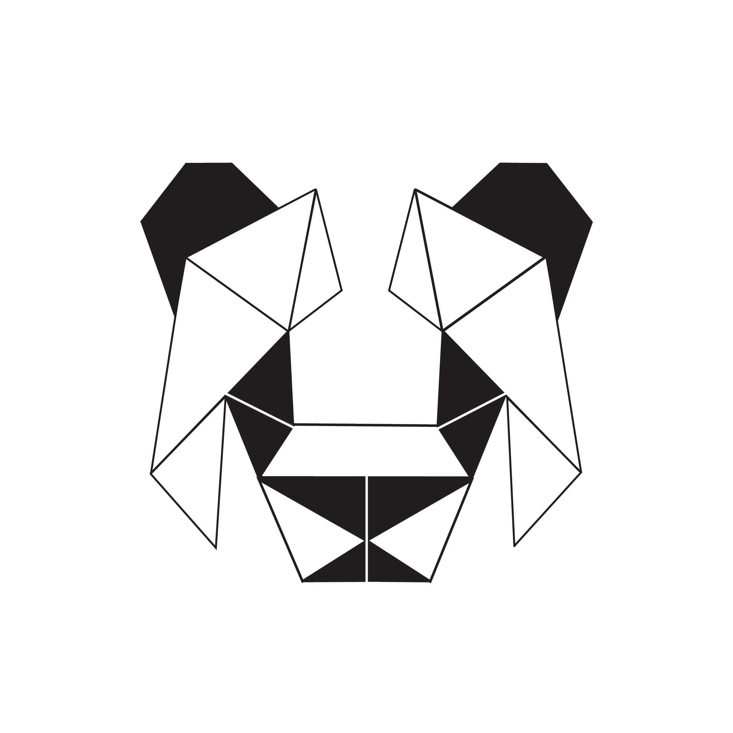A geometric panda in a white circle with black triangle eyes and black ears. The whole design is symmetrical  and made of various triangles.