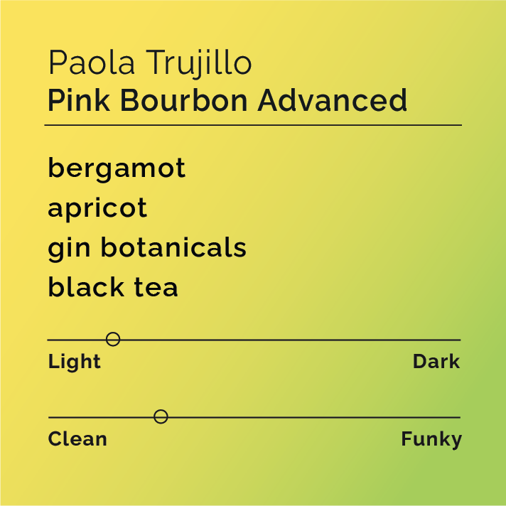 Paola Trujillo - Pink Bourbon Advanced tasting-note card featuring flavors: bergamot, apricot, gin botanicals, black tea, with light and clean spectrum sliders.