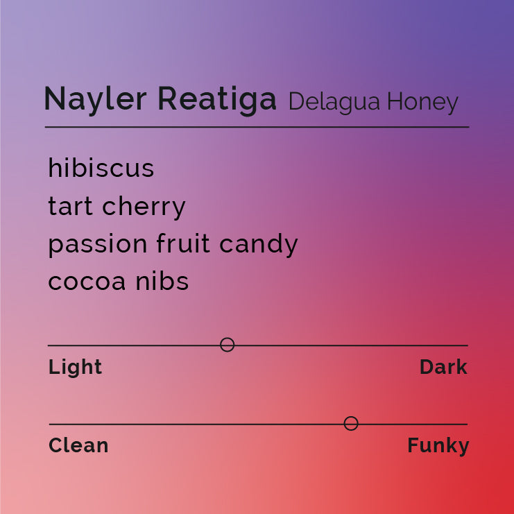 Nayler Reatiga - Delagua Honey coffee bag, showcasing sustainable Colombian coffee production focused on minimal water use and biodiversity conservation.