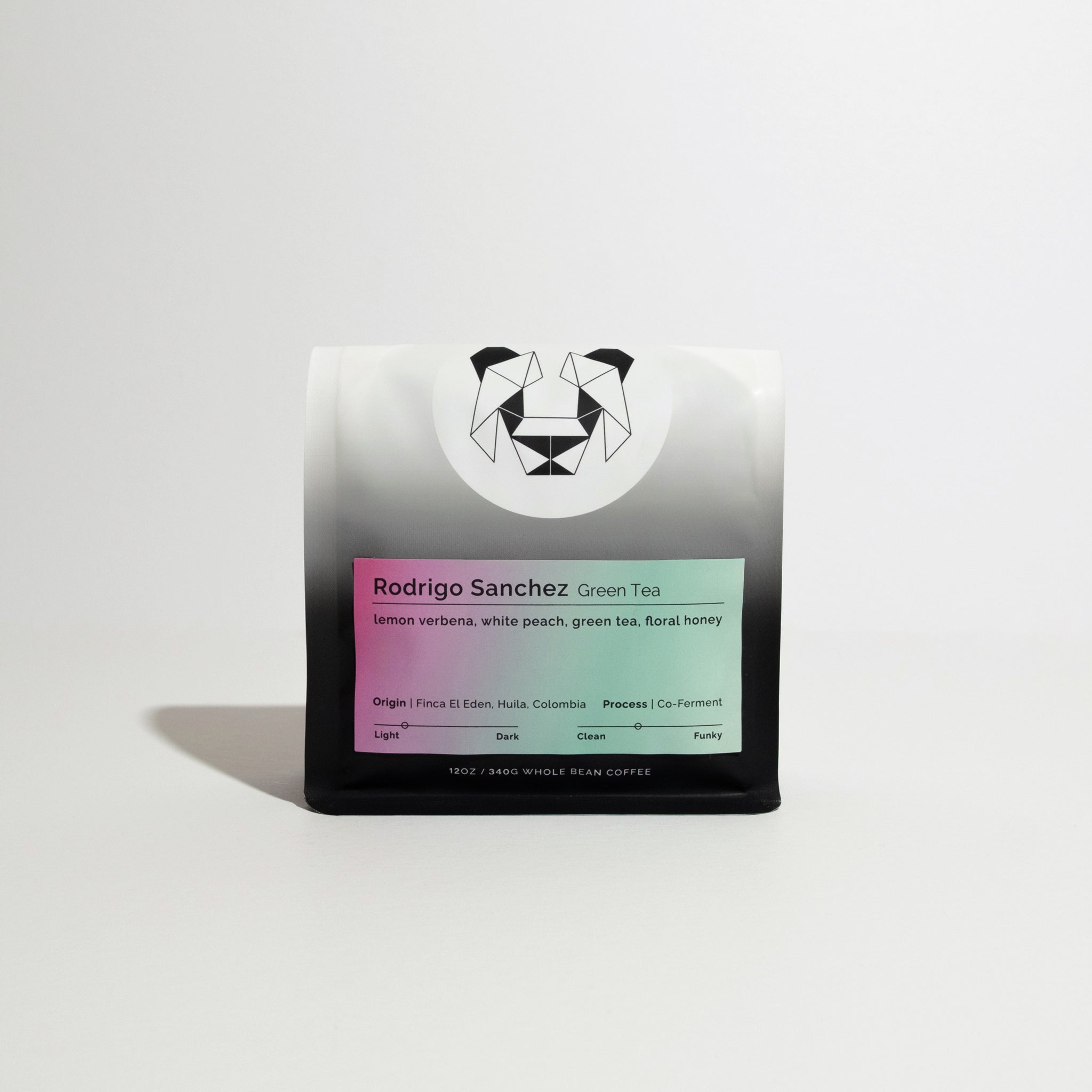 Rodrigo Sanchez Green Tea whole-bean coffee bag with tasting notes: lemon verbena, white peach, green tea, floral honey; from Finca El Eden, Colombia.