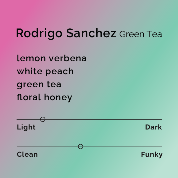 Rodrigo Sanchez Green Tea tasting-profile card with flavor notes of lemon verbena, white peach, green tea, floral honey; light and clean sliders visible.