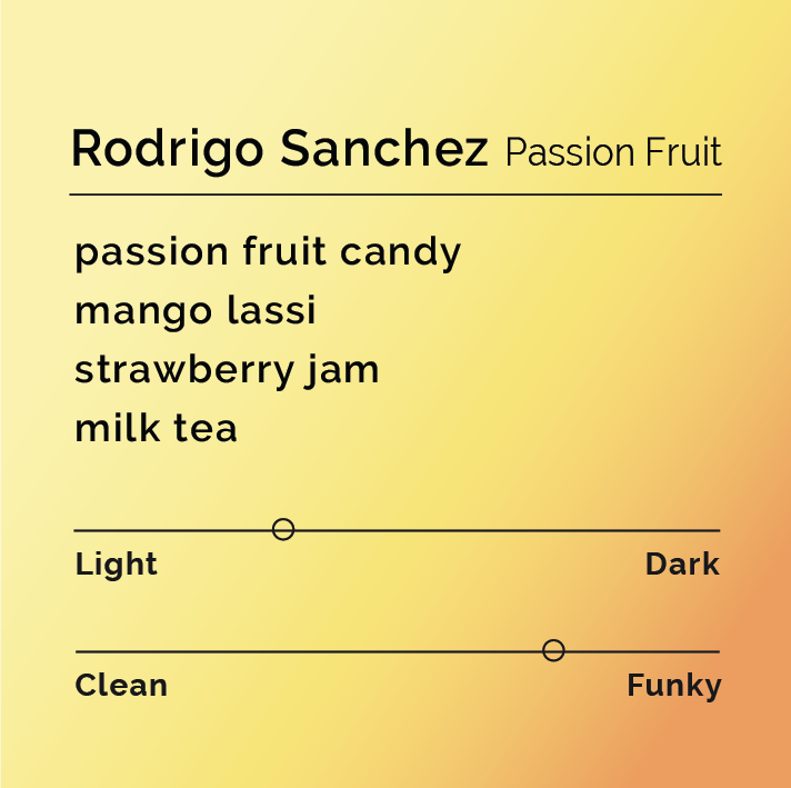 Rodrigo Sanchez Passion Fruit flavor card showcasing tasting notes: passion fruit candy, mango lassi, strawberry jam, milk tea; with light-to-dark and clean-to-funky sliders.