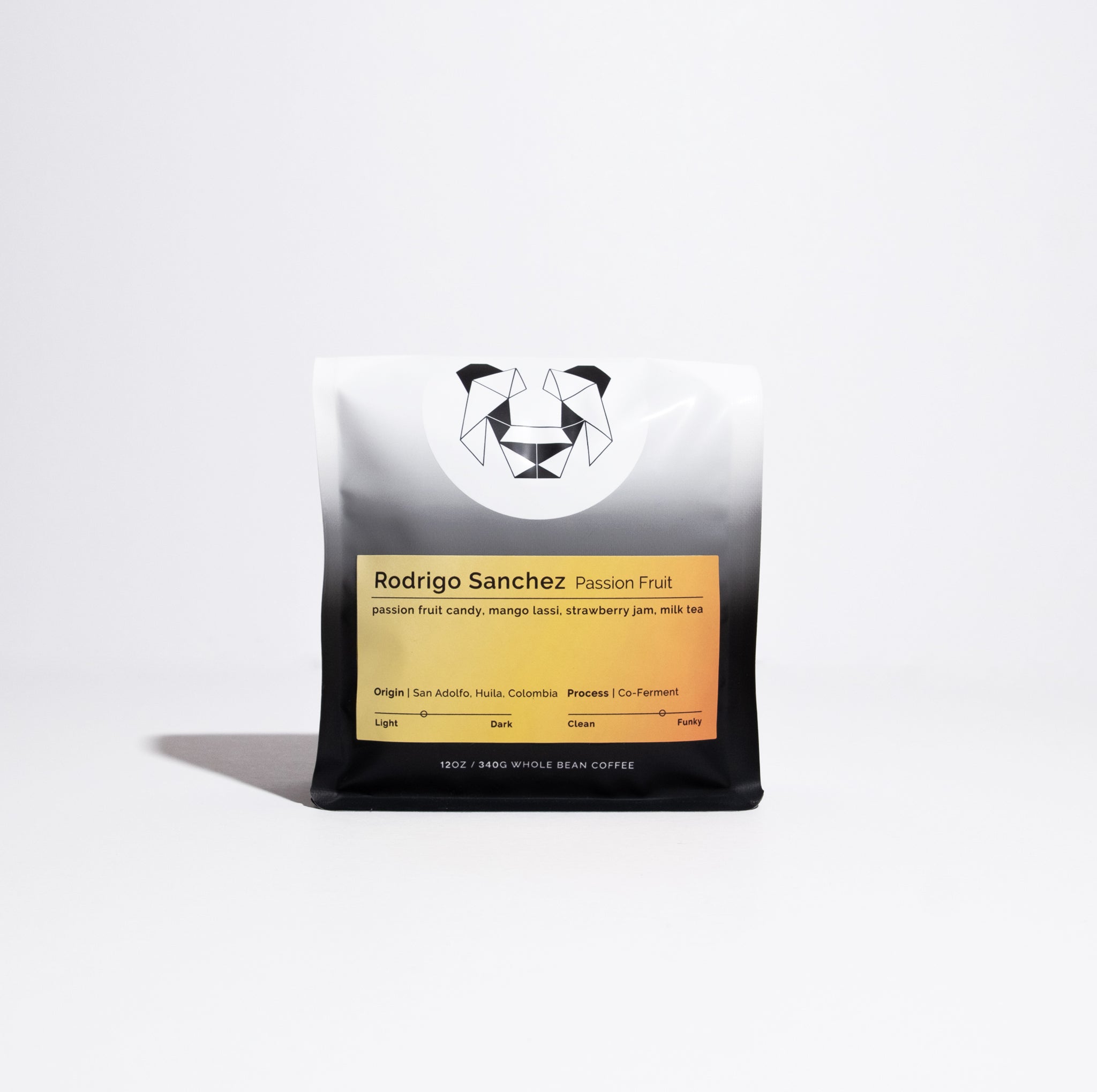 Rodrigo Sanchez Passion Fruit whole-bean coffee, 12 oz bag, featuring tasting notes of passion fruit, mango, and strawberry, from San Adolfo, Colombia.