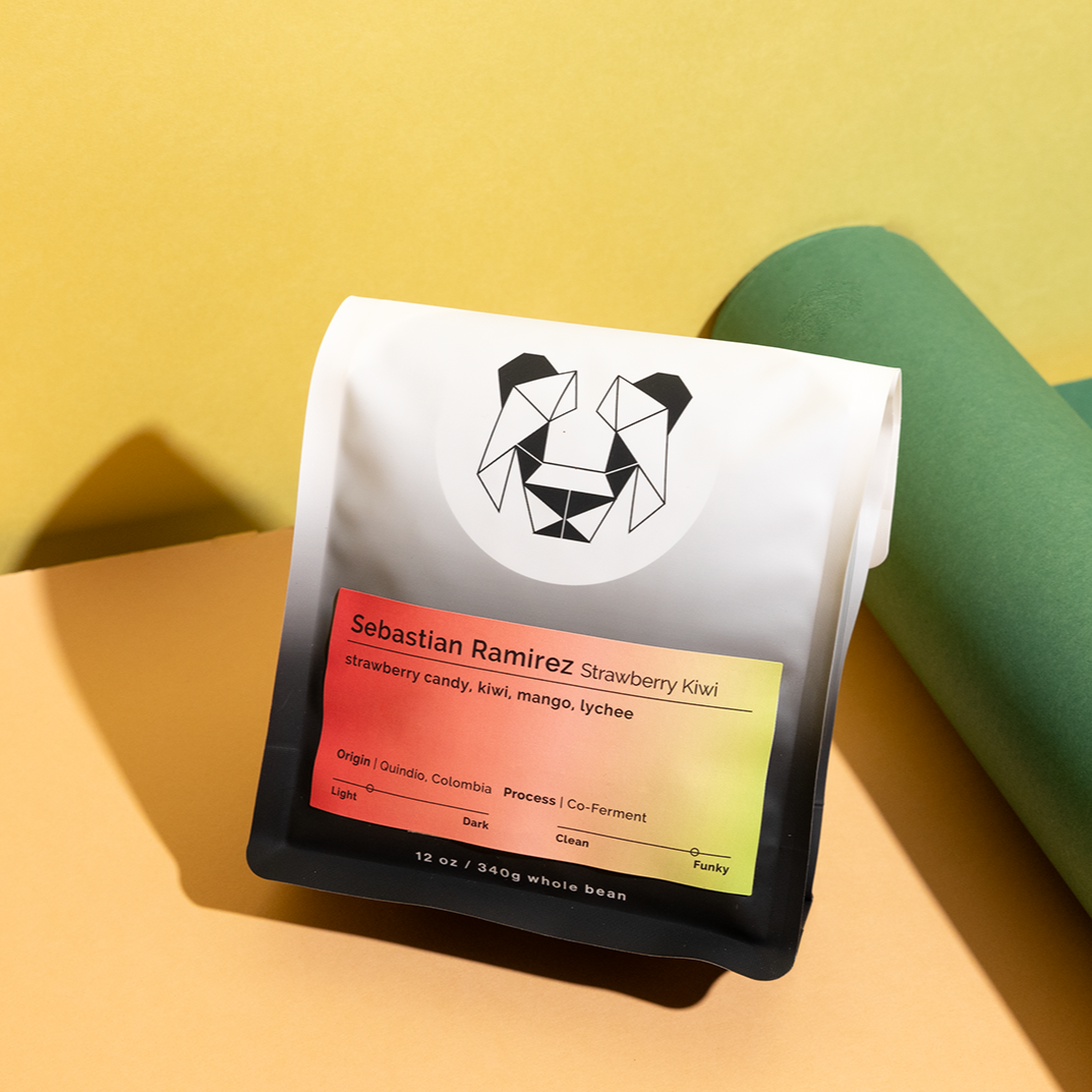 Sebastian Ramirez - Strawberry Kiwi coffee blend, featuring co-fermented Caturra and Pink Bourbon beans, highlighting tropical notes of strawberry, kiwi, mango, and lychee.