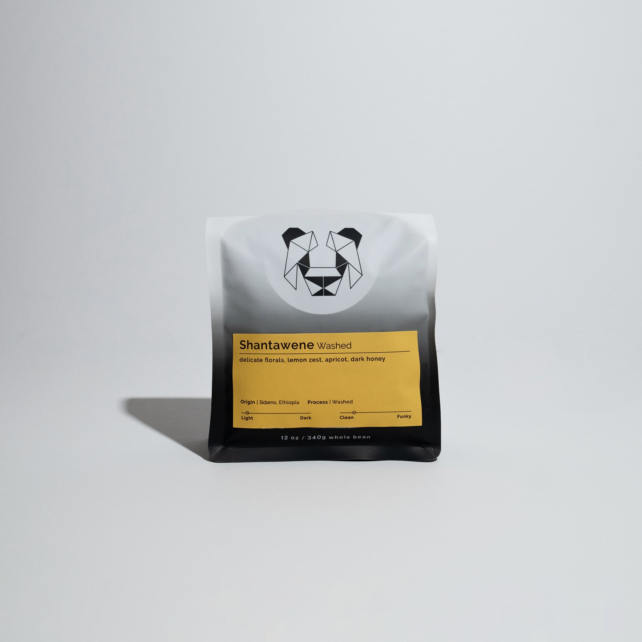 Shantawene - Washed coffee bag from Sidamo, Ethiopia, highlights its origin, processing method, and flavor notes of lemon zest, dark honey, and stone fruit.