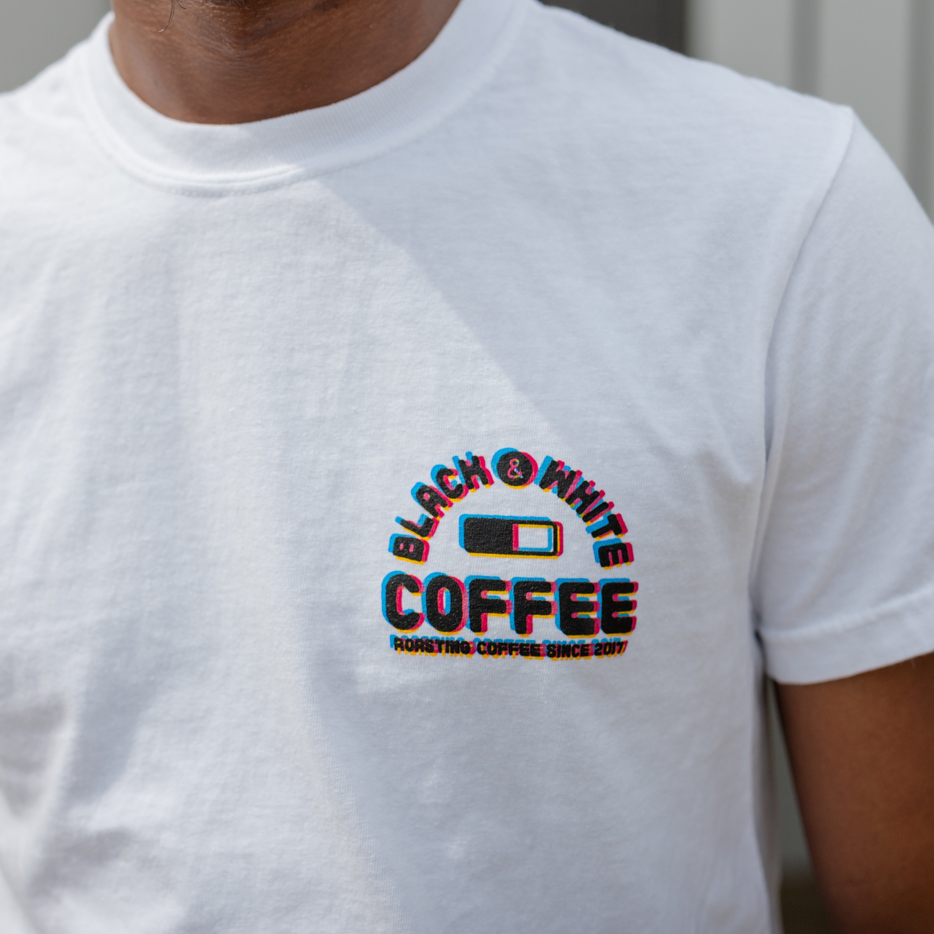 Summer '24 Glitch Panda Shirt showcasing a front pocket with B&W logo and a unique glitchy panda design on the back, ideal for casual wear.