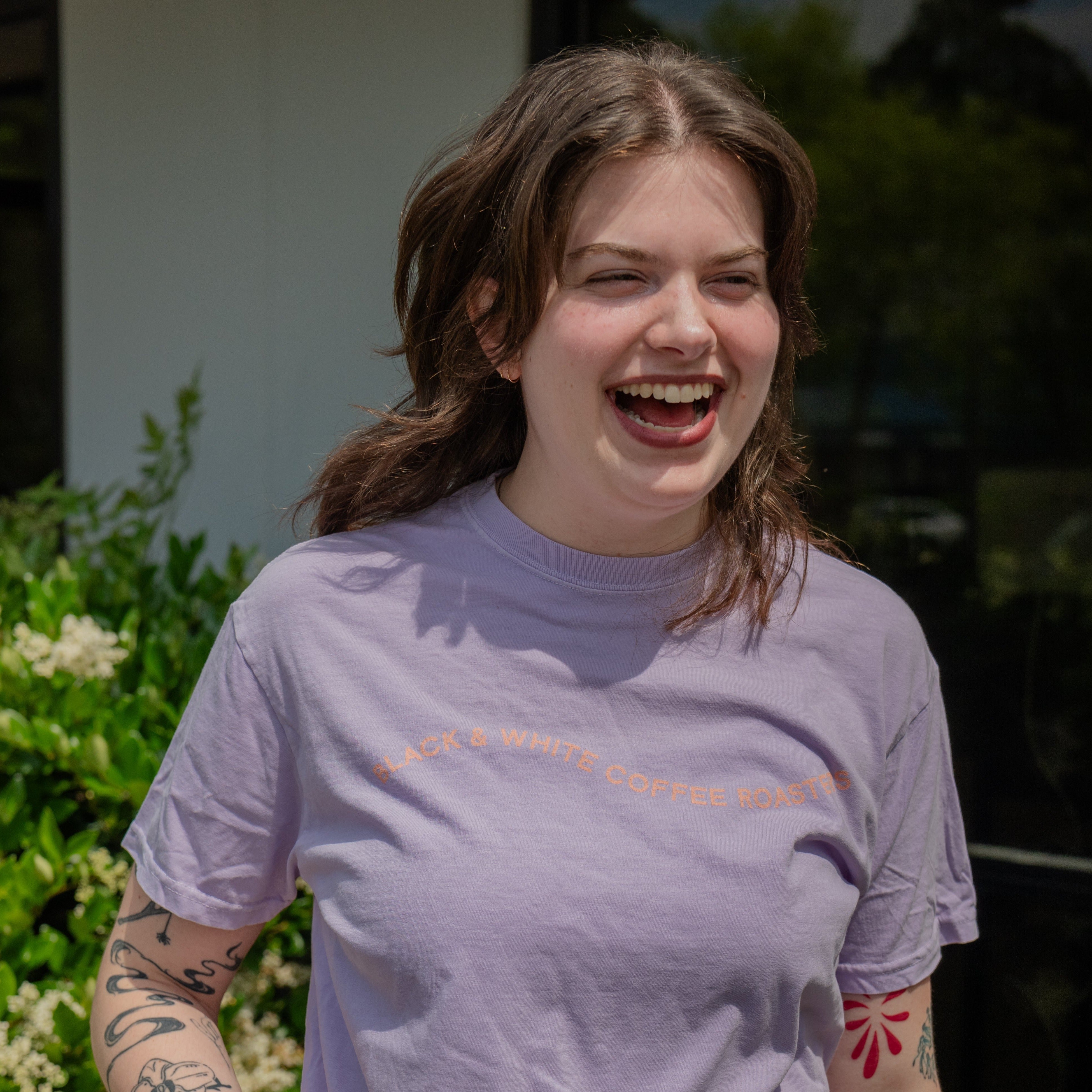 Summer of '24 Crop Tee with wave pattern of Black and White Coffee Roasters, heavyweight cotton, slightly oversized, cropped style, relaxed fit for comfort and durability.