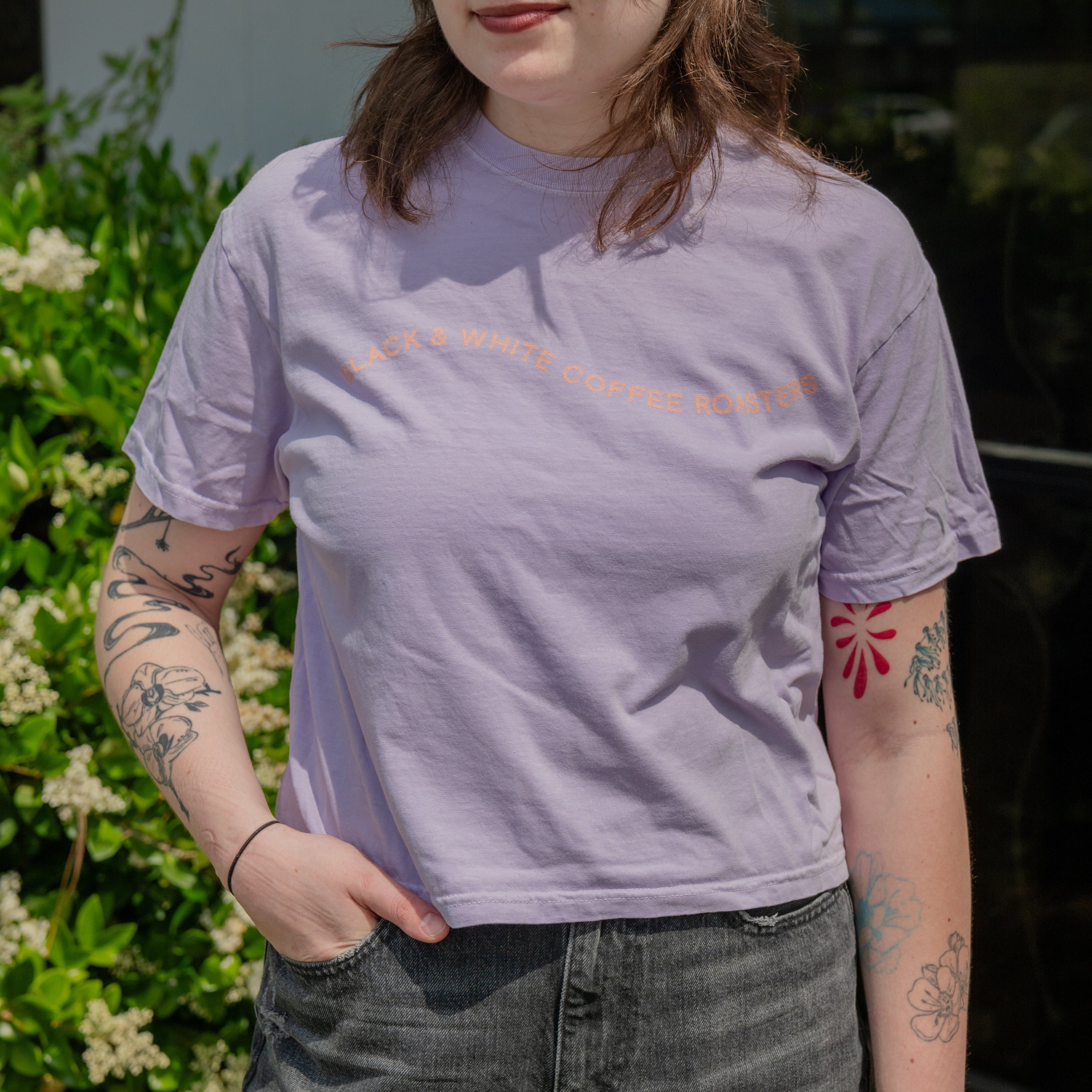 Summer of '24 Crop Tee featuring a wave pattern with Black and White Coffee Roasters, slightly oversized fit, heavyweight cotton, and pre-shrunk for lasting comfort.