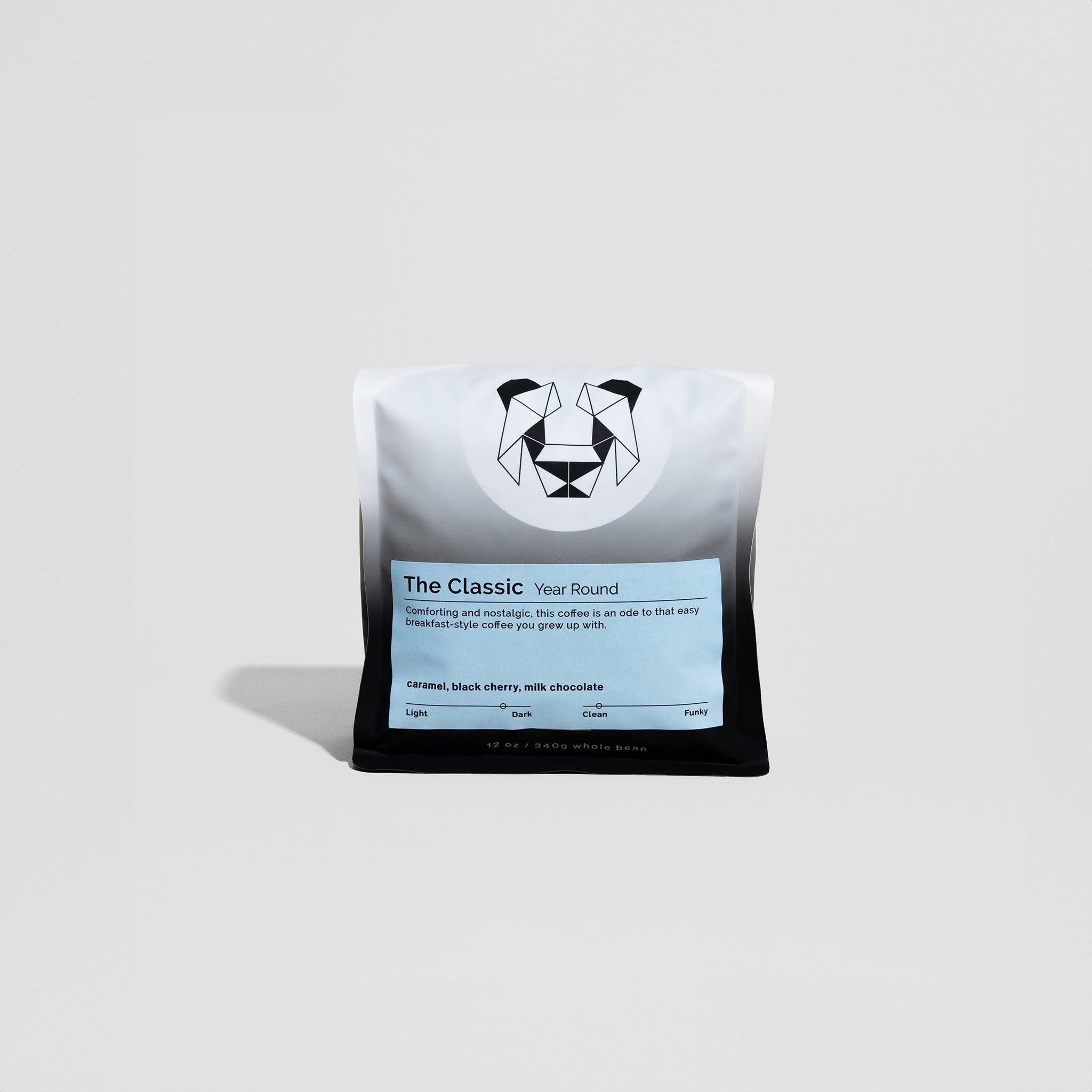 The Classic coffee bag with medium-dark roast, featuring Ethiopian origin and flavor notes of caramel, black cherry, and milk chocolate, evoking nostalgic breakfast memories.
