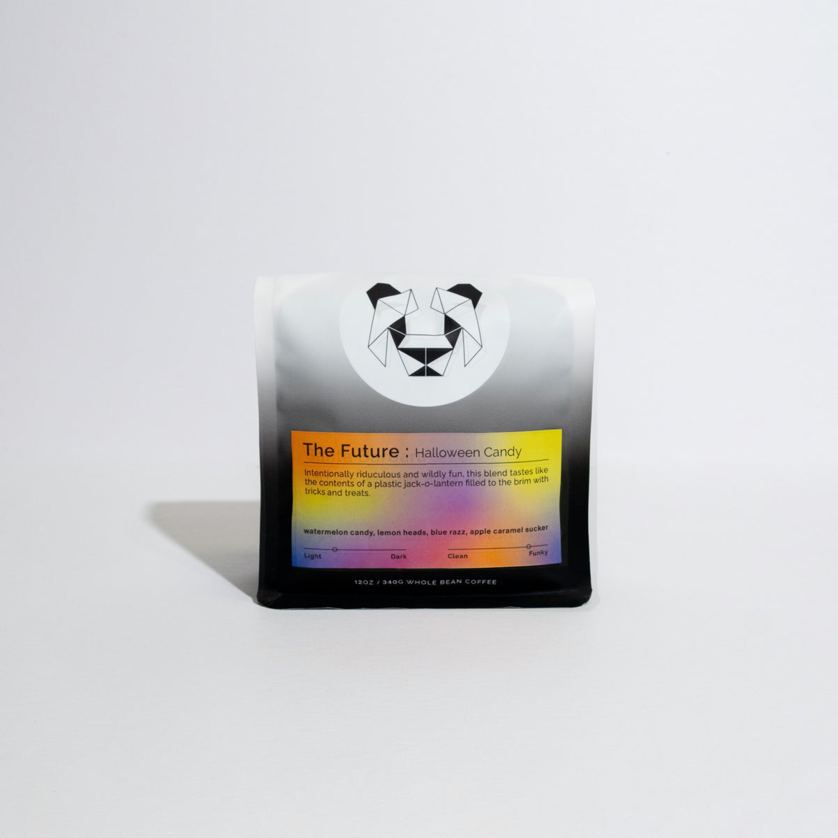 A coffee on a white background with a multi colored label that says The Future Halloween Candy.