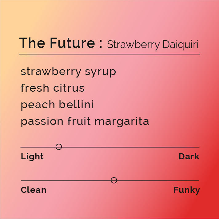 The Future - Strawberry Daiquiri coffee blend, showcasing Colombian producers' co-fermented flavors; features strawberry, peach, and red fruit notes inspired by nostalgic beach cocktails.