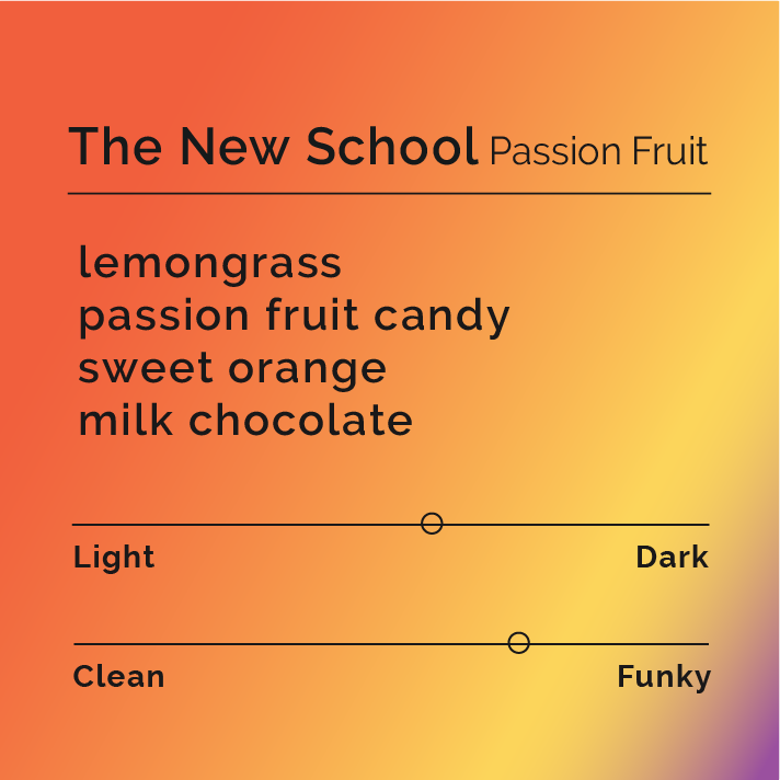 The New School - Passionfruit coffee blend, featuring medium roast beans from Ethiopia and Colombia, highlighting flavors of lemon, sweet orange, and milk chocolate.