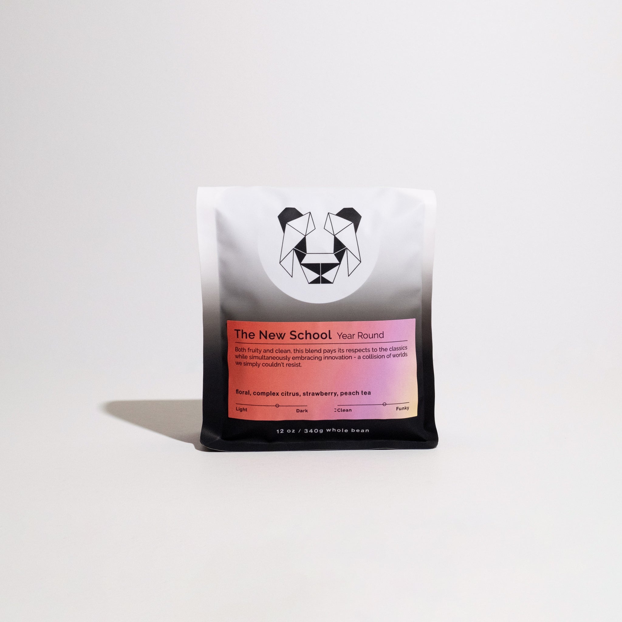 The New School coffee blend, featuring a medium roast with floral, citrus, and strawberry notes, originates from Yirgacheffe, Ethiopia, and Quindío, Colombia.