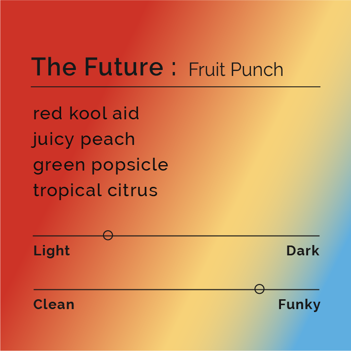 The Future - Fruit Punch coffee blend showcases tropical and red fruit flavors, inspired by nostalgic Hawaiian Punch, featuring Colombian coffee beans.