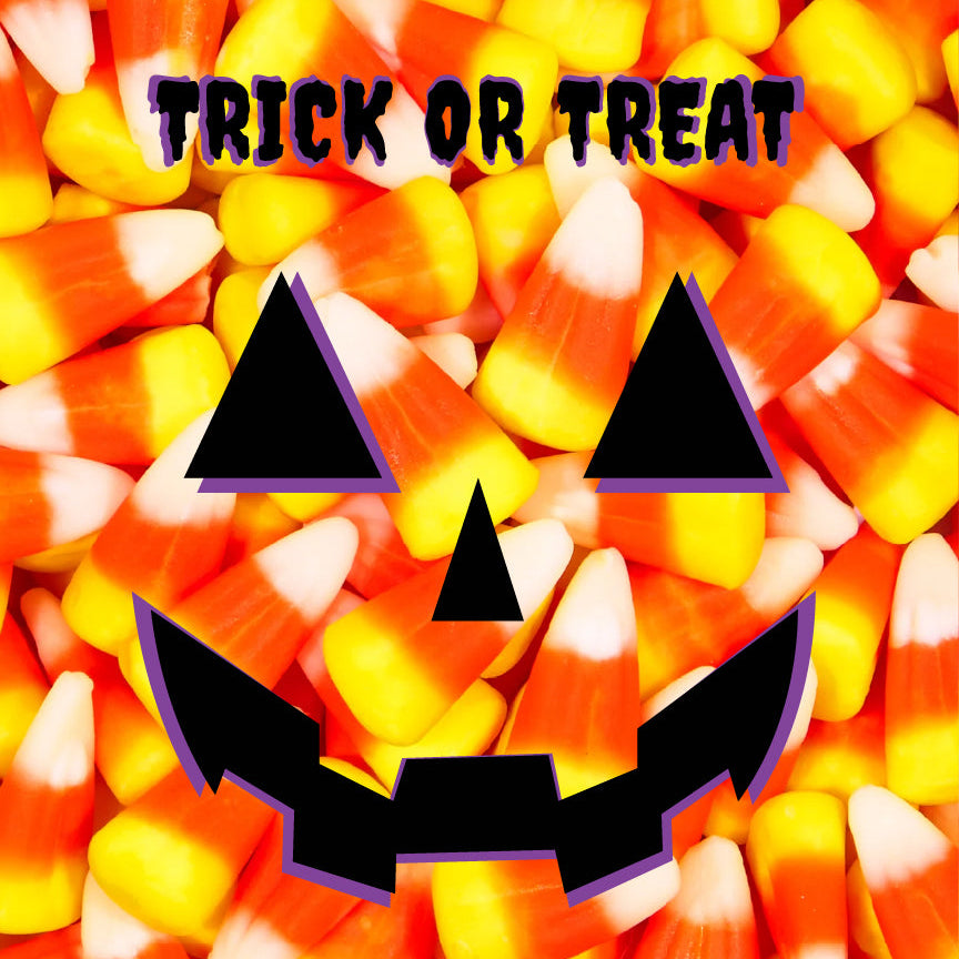 Halloween-themed coffee package with candy corn and jack-o'-lantern design.