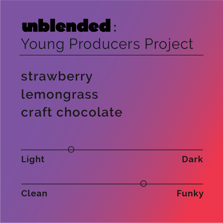 Unblended - Young Producers Project sign with black text on a purple background, highlighting the coffee initiative connecting Colombian producers with US roasters.