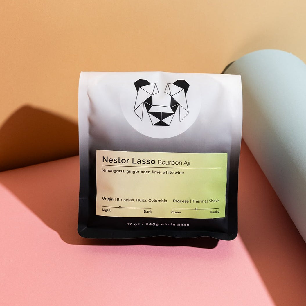 Nestor Lasso - Bourbon Aji coffee beans, highlighting its specialty production process, including thermal shock, with a flavor profile inspired by a Moscow Mule.