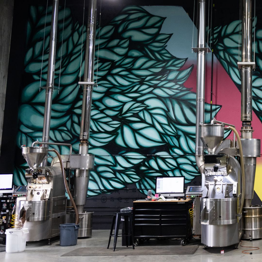 Picture of a roasting facility for coffee with a brightly colored mural on the back wall in the shape of coffee leaves. The scene also has two coffee roasting machines in the bacground.