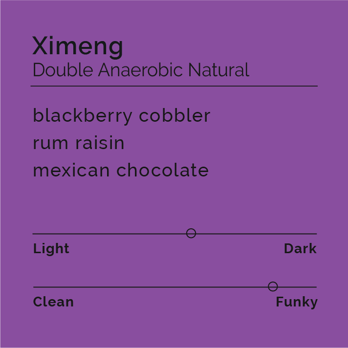Ximeng - Double Anaerobic Natural coffee package, highlighting its unique 30-day fermentation process, offering flavors of blackberry cobbler, rum raisin, and Mexican chocolate.